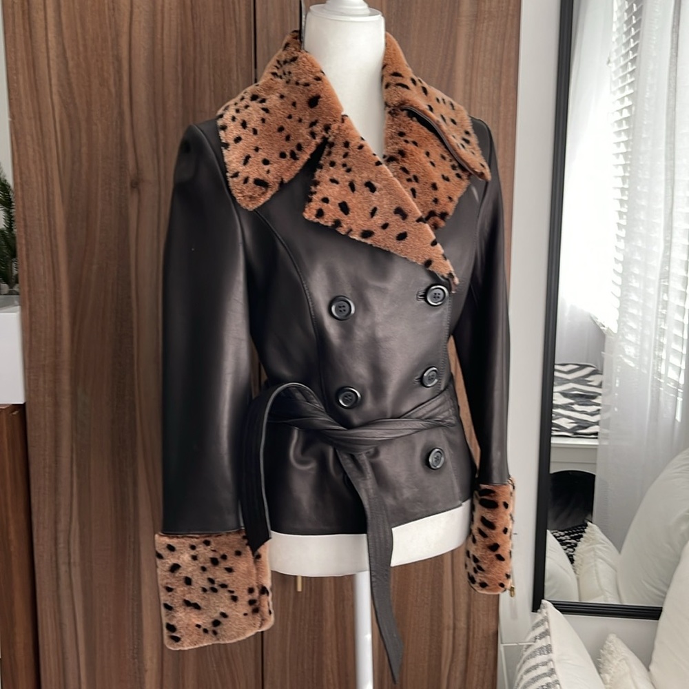 NWT Desa leather jacket with faux fur trim